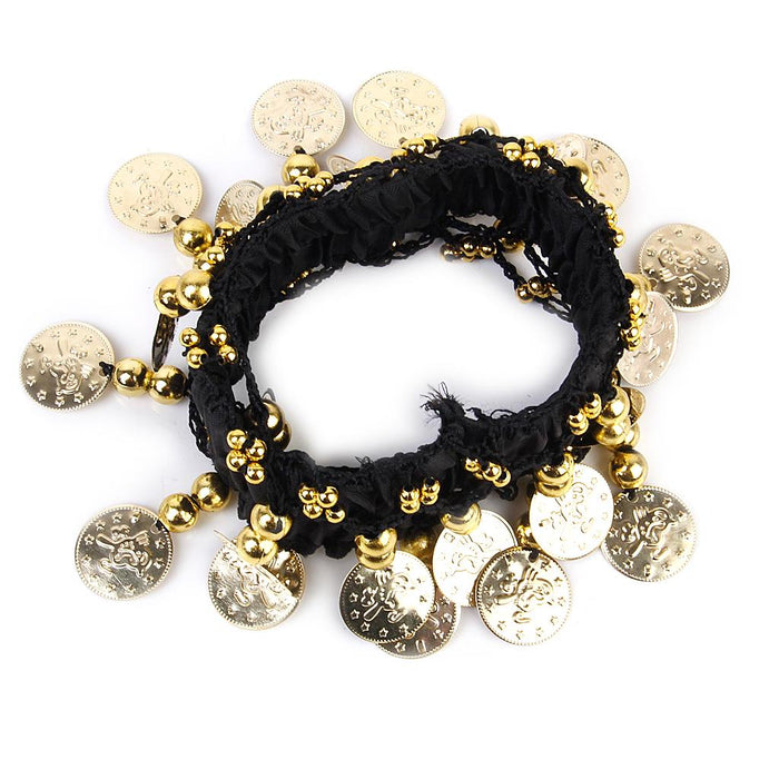 Crofta Womens Belly Dance Fashionable 24 Artificial Golden Coin Charms Anklet Bracelet Pack of 5PCS Black