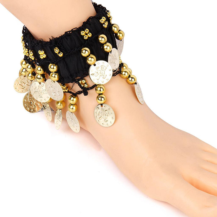 Crofta Womens Belly Dance Fashionable 24 Artificial Golden Coin Charms Anklet Bracelet Pack of 5PCS Black