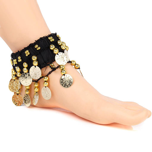 Crofta Womens Belly Dance Fashionable 24 Artificial Golden Coin Charms Anklet Bracelet Pack of 5PCS Black