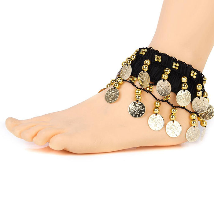 Crofta Womens Belly Dance Fashionable 24 Artificial Golden Coin Charms Anklet Bracelet Pack of 5PCS Black