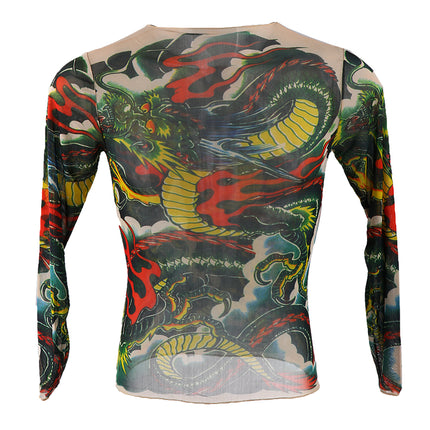 Crofta Vigorous Tiger Pattern Mesh Tattoo Shirt Long Sleeve Tattoo Apparel