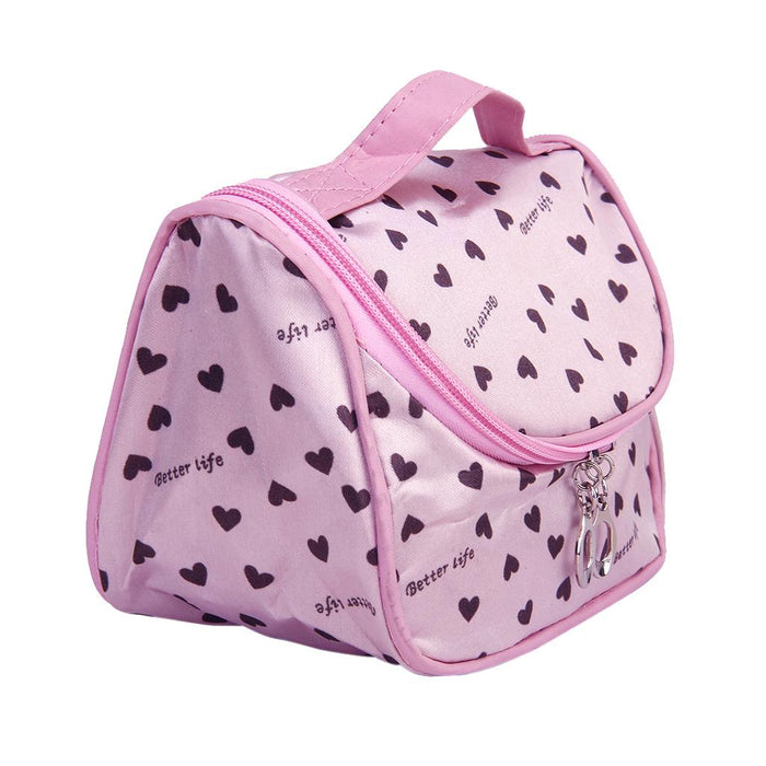 Crofta Pink Zipper Cosmetic Bag Toiletry Bag Make-up Bag Hand Case Bag with Hearts Patterns