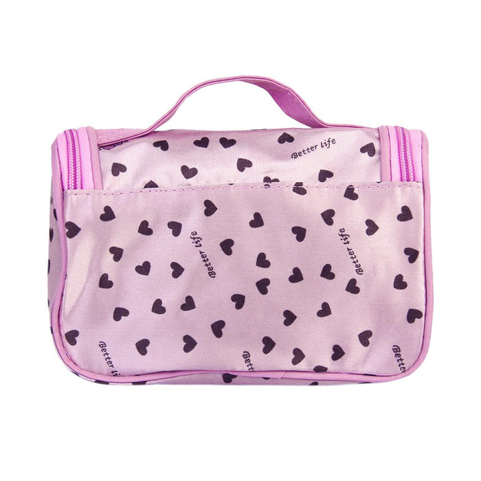 Crofta Pink Zipper Cosmetic Bag Toiletry Bag Make-up Bag Hand Case Bag with Hearts Patterns