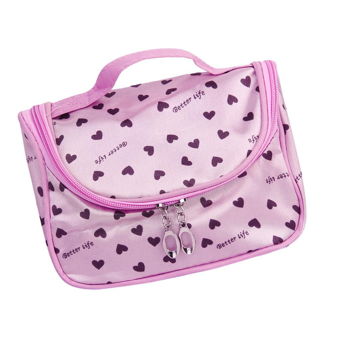 Crofta Pink Zipper Cosmetic Bag Toiletry Bag Make-up Bag Hand Case Bag with Hearts Patterns