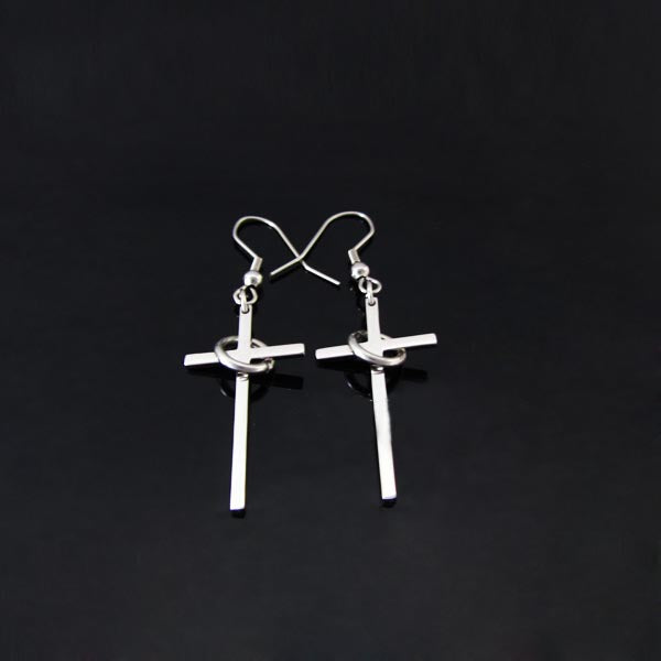 Crofta 1 Pair Stainless Steel Cross w/Ring Plain Style Silver Dangle Earrings Wedding