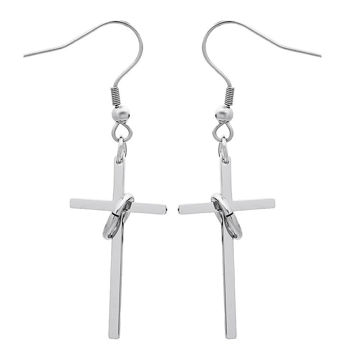 Crofta 1 Pair Stainless Steel Cross w/Ring Plain Style Silver Dangle Earrings Wedding