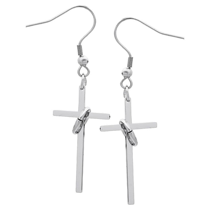 Crofta 1 Pair Stainless Steel Cross w/Ring Plain Style Silver Dangle Earrings Wedding