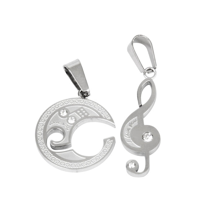 Crofta 1 Pair Lover Couples Music Symbol Stainless Steel Pendant