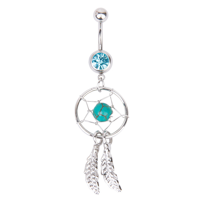 Crofta 14G Stainless Steel Barbell Crystal Dream Catcher Dangle Navel Belly Ring Bar Blue