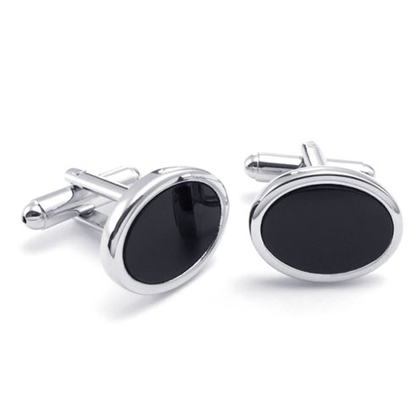 Crofta 1 Pair Men's Silver Black Enamel Round Cufflinks Formal Shirt Cuff Links Set