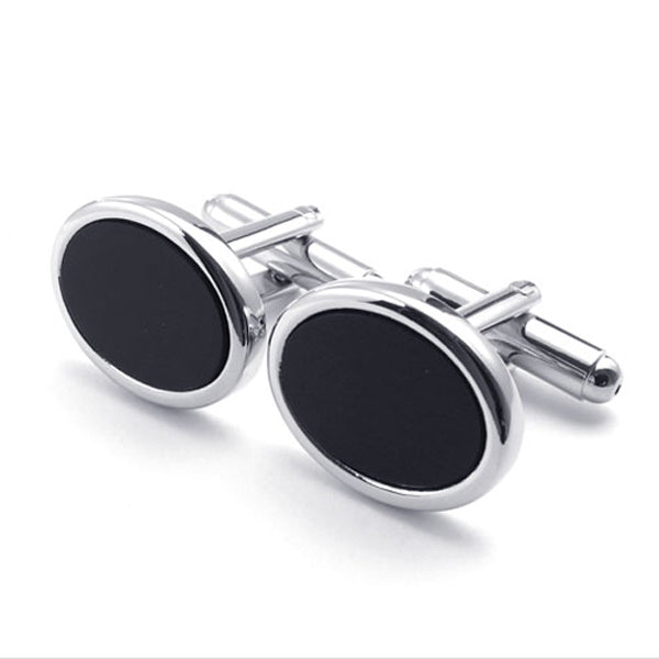 Crofta 1 Pair Men's Silver Black Enamel Round Cufflinks Formal Shirt Cuff Links Set