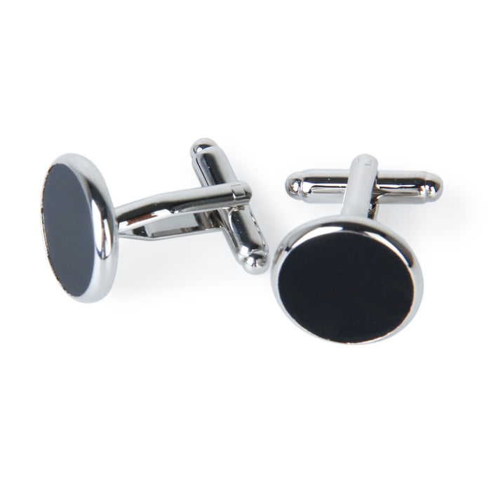 Crofta 1 Pair Men's Silver Black Enamel Round Cufflinks Formal Shirt Cuff Links Set