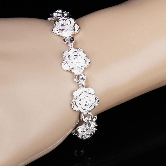 Crofta Women Girls Wedding Prom Party Fashionable Silver Plated Alloy Rose Flower Cuff Bracelet Wristband Adjustable Hand Jewelry Gift