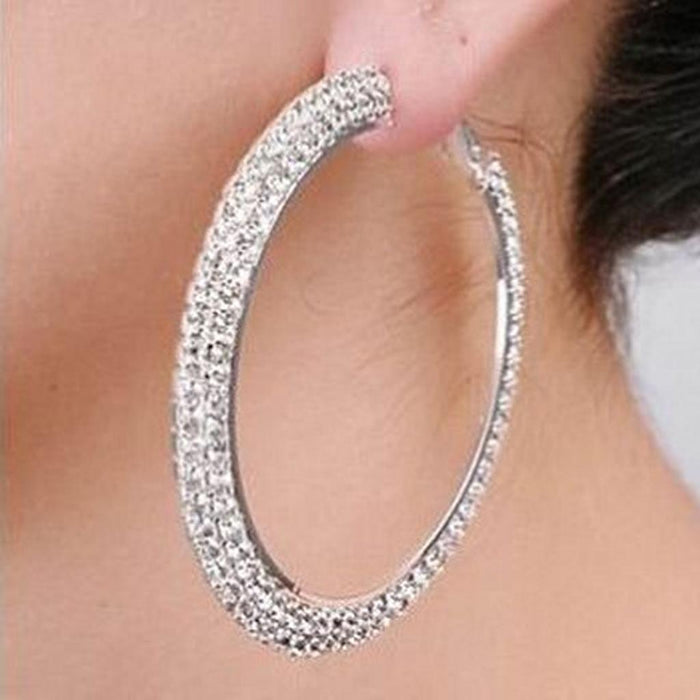 Crofta 1 Pair Crystal Rhinestone 60mm Big Hoop Circle Earrings Bridal Jewelry