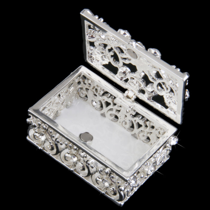 Crofta Small Silver Plated Crystal Rhinestone Hollow Enamel Jewelry Trinket Box