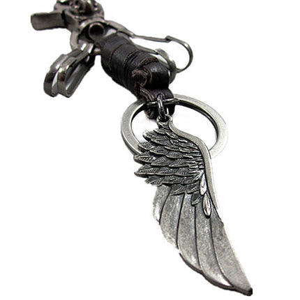 Crofta Vintage Angel Wing Skull Leather Keychain Key Ring Keyfob Holder Black