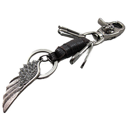 Crofta Vintage Angel Wing Skull Leather Keychain Key Ring Keyfob Holder Black