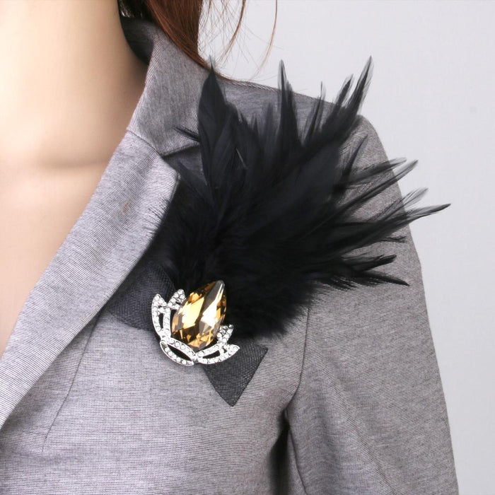 Crofta Women Feather Rhinestone Crystal Brooches Brooch Pin Costume Fancy Party