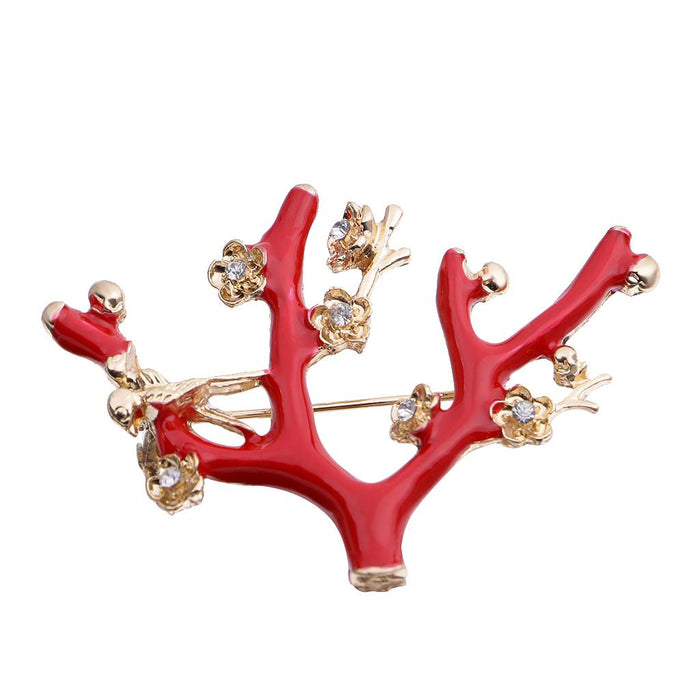 Crofta 1pc Cute Red Tree Branch Flower Gold Plated Alloy Brooch Christmas Gift