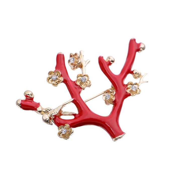 Crofta 1pc Cute Red Tree Branch Flower Gold Plated Alloy Brooch Christmas Gift