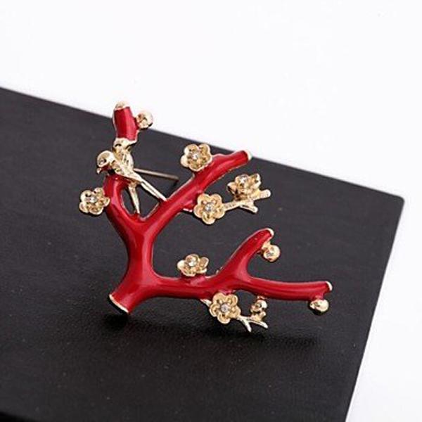 Crofta 1pc Cute Red Tree Branch Flower Gold Plated Alloy Brooch Christmas Gift