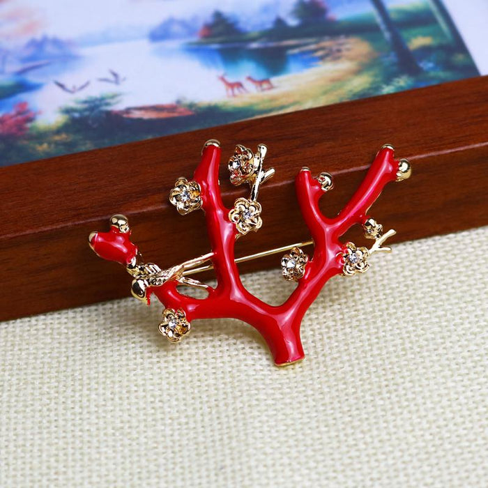 Crofta 1pc Cute Red Tree Branch Flower Gold Plated Alloy Brooch Christmas Gift