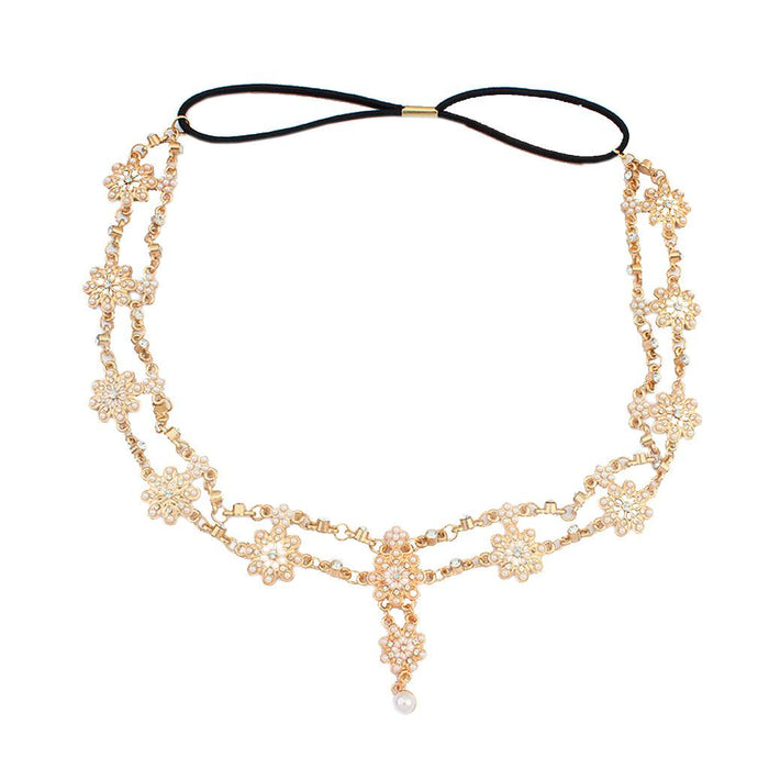 Crofta Womens Elegant Gold Crystal Faux Pearl Beaded Headband Hair Accessory