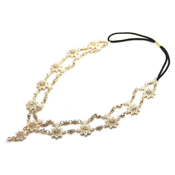 Crofta Womens Elegant Gold Crystal Faux Pearl Beaded Headband Hair Accessory