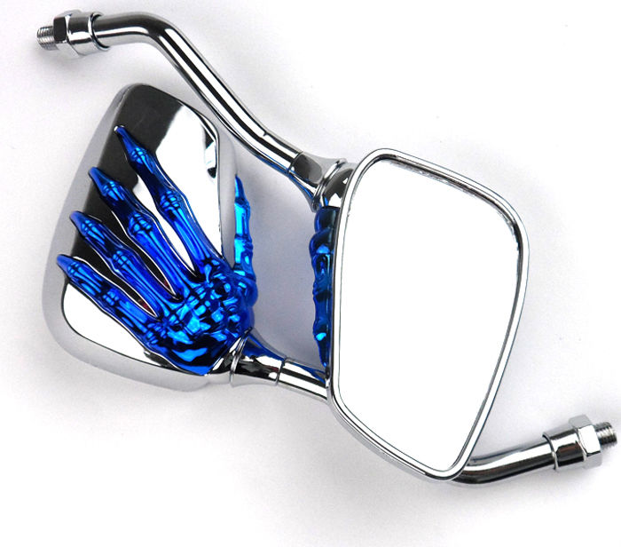 Crofta 1 Pair Motorcycle Motorbike Skull Hand Rear View Glass Mirrors - Blue