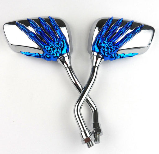 Crofta 1 Pair Motorcycle Motorbike Skull Hand Rear View Glass Mirrors - Blue