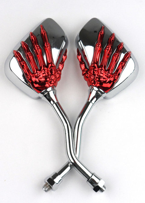 Crofta 1 Pair Motorcycle Motorbike Skull Hand Rear View Glass Mirrors - Red