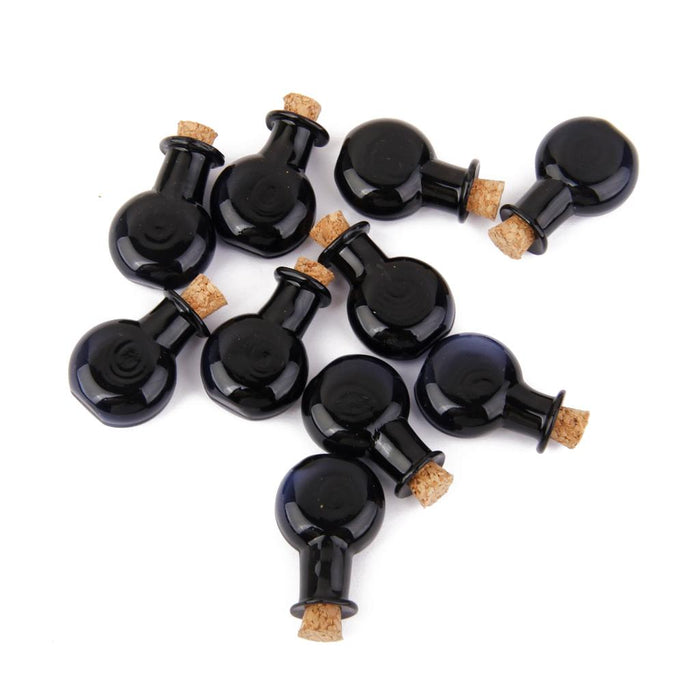 Crofta 10 Mini Glass Cork Bottles Flat Round Jars Vials Wish Bottle Love Note Black