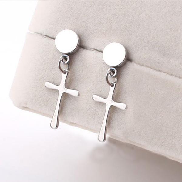 Crofta 1Pair 316L stainless Steel Cross Dangle Pendant Earring Ear Studs - Silver