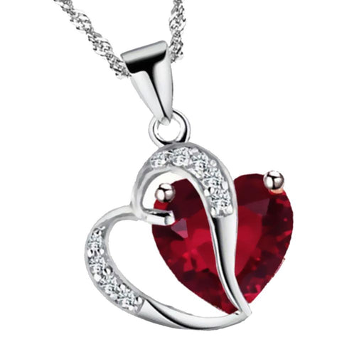 Crofta Women Fashionable Heart Shaped Rhinestone Crystal Pendant Necklace Fashion Accessory Red Silver