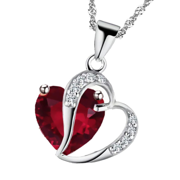 Crofta Women Fashionable Heart Shaped Rhinestone Crystal Pendant Necklace Fashion Accessory Red Silver