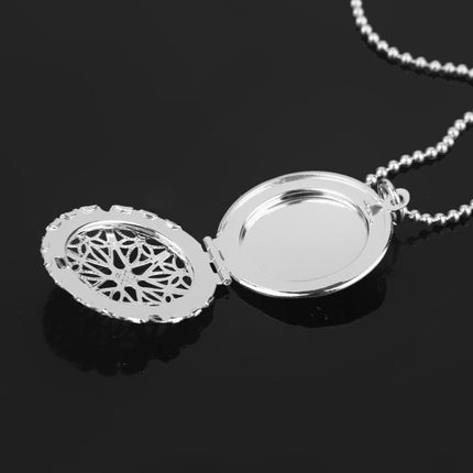 Crofta Vintage 925 Silver Plated Hollow Round Locket Pendant Necklace Jewelry Gift