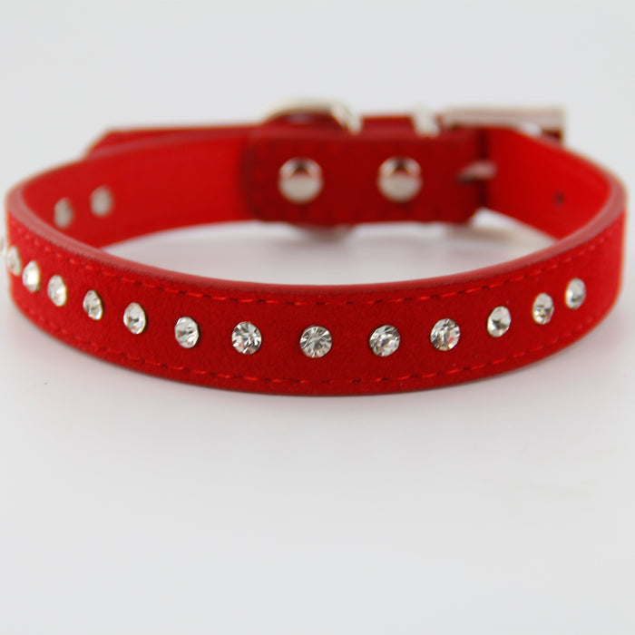 Crofta Pet Dog Cat Crystal Rhinestone Cow Suede Neck Collar Size M - Red