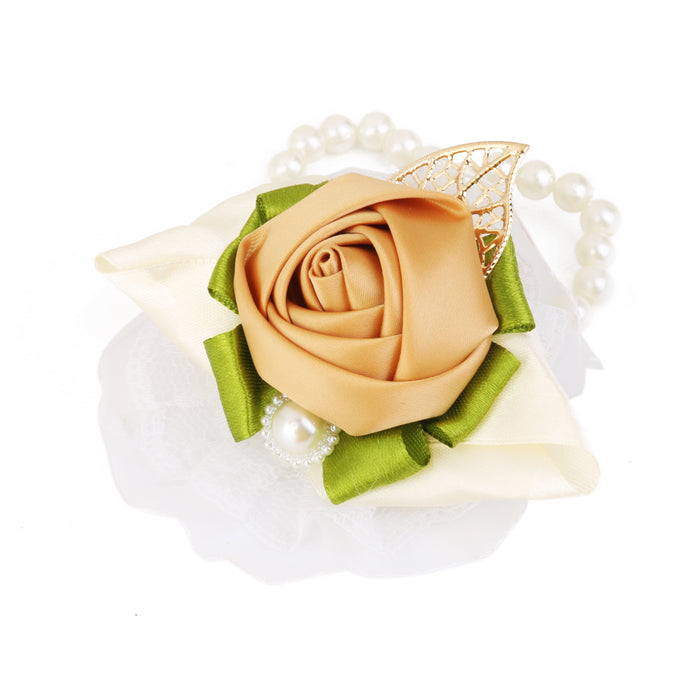 Crofta Wrist Flower Corsage Faux Pearl Bracelet for Wedding Party Decoration Khaki