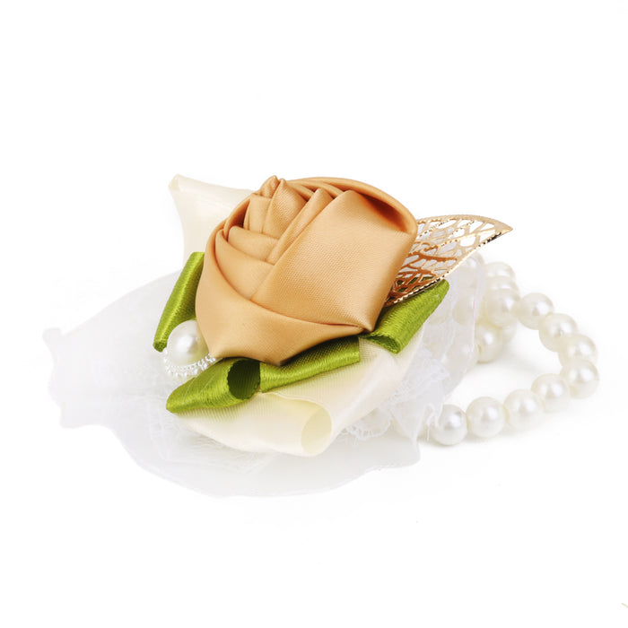 Crofta Wrist Flower Corsage Faux Pearl Bracelet for Wedding Party Decoration Khaki