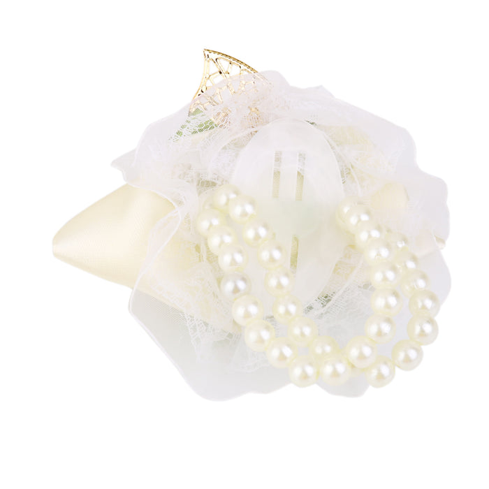 Crofta Wrist Flower Corsage Faux Pearl Bracelet for Wedding Party Decoration Khaki