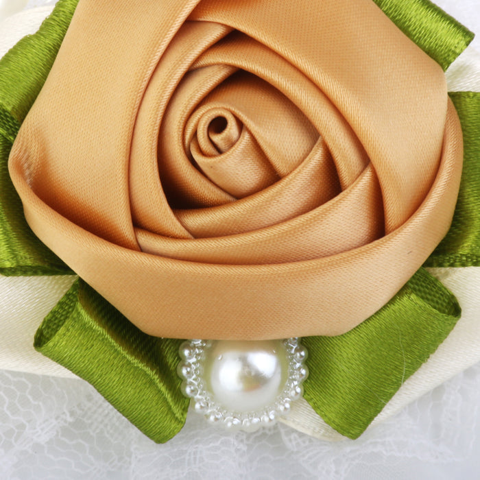 Crofta Wrist Flower Corsage Faux Pearl Bracelet for Wedding Party Decoration Khaki