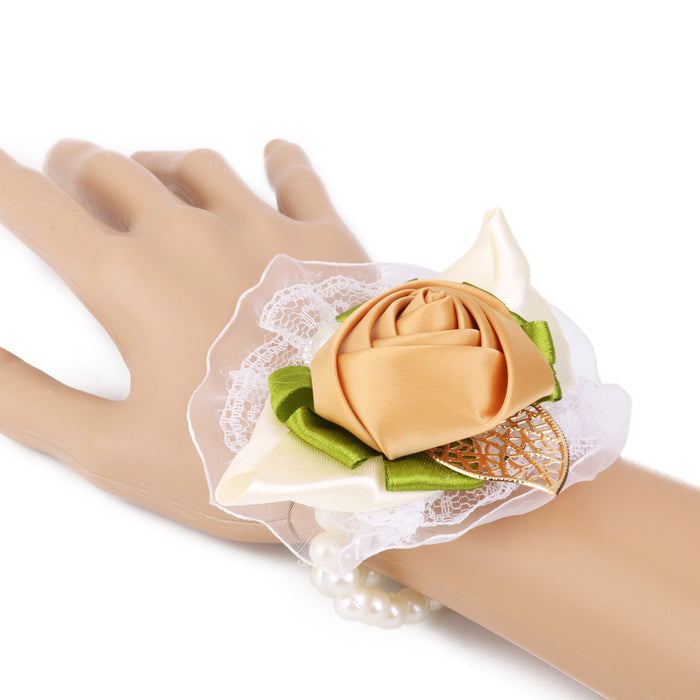 Crofta Wrist Flower Corsage Faux Pearl Bracelet for Wedding Party Decoration Khaki