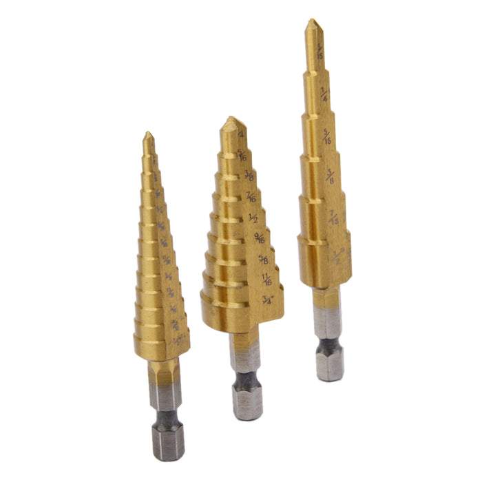 Crofta 3Pcs Steel Titanium Coated Step Drill Bit Quick-change 1/4" Hex Shank Hot