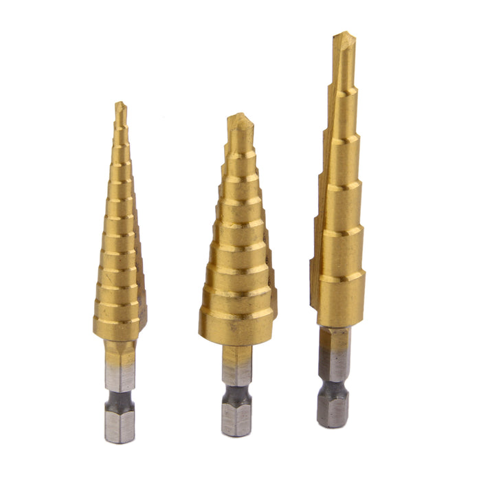 Crofta 3Pcs Steel Titanium Coated Step Drill Bit Quick-change 1/4" Hex Shank Hot