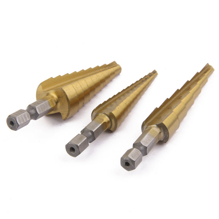 Crofta 3Pcs Steel Titanium Coated Step Drill Bit Quick-change 1/4" Hex Shank Hot