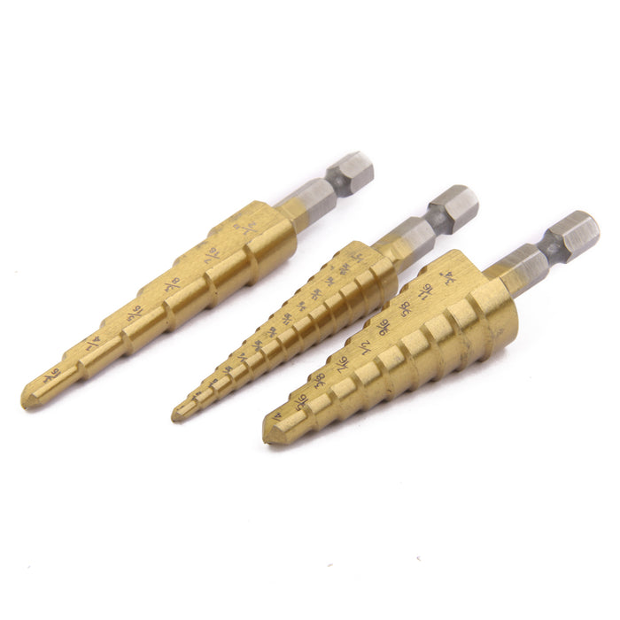 Crofta 3Pcs Steel Titanium Coated Step Drill Bit Quick-change 1/4" Hex Shank Hot