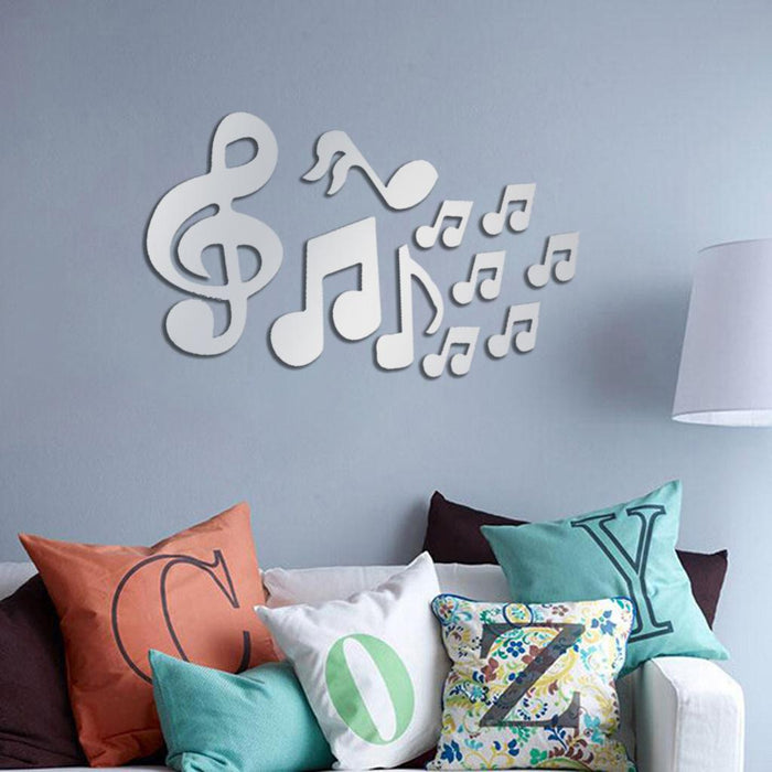 Crofta 10pcs Music Notes Mirror Removable Decal Art Mural Wall Sticker Decor Silver