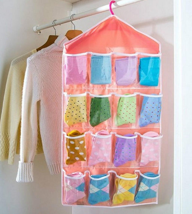 Crofta 16 Pockets Rack Storage Closet Wardrobe Hanging Shelf for Clothes Socks-Pink