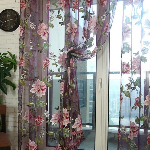 Crofta Wine Red Flower Voile Window Curtain Panel Sheer Tulle Drape Beads Valance