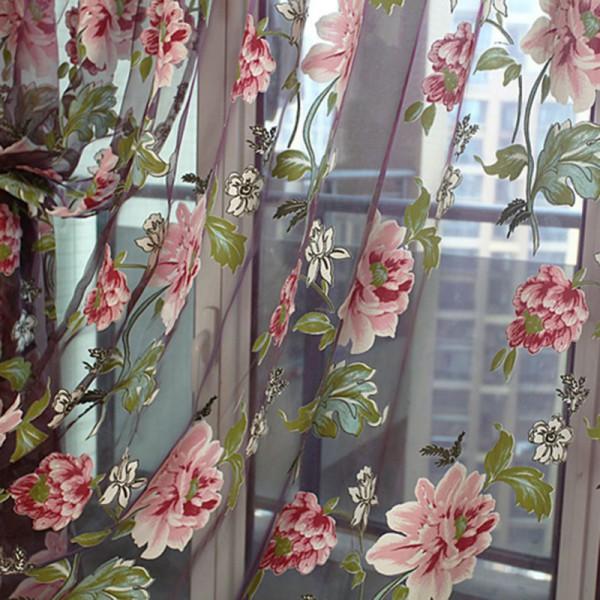 Crofta Wine Red Flower Voile Window Curtain Panel Sheer Tulle Drape Beads Valance